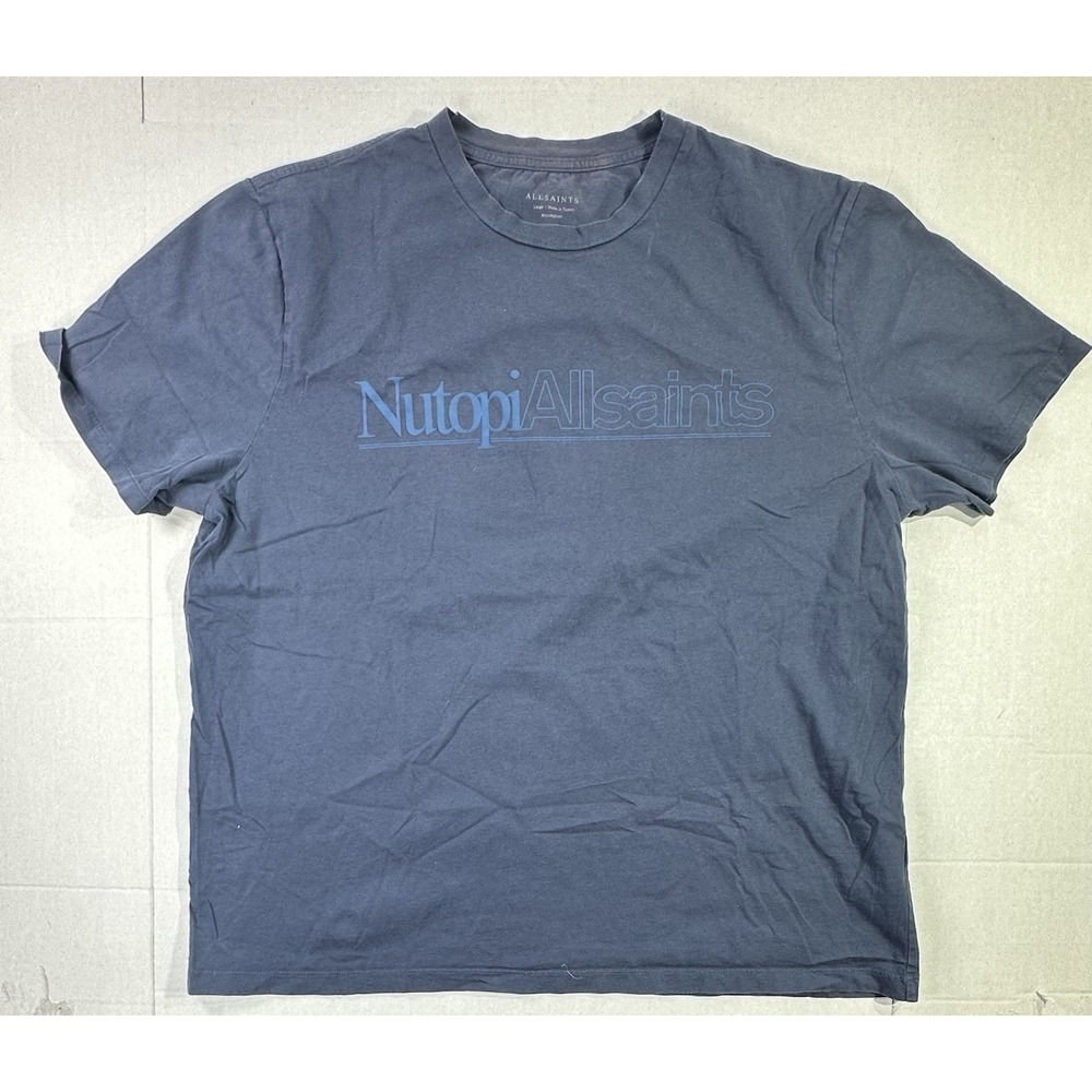 AllSaints Nutopia Logo T-Shirt Blue Graphic Tee Relaxed Fit Men's L